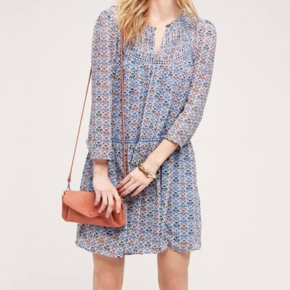Blue floral Anthropologie drop waist dress